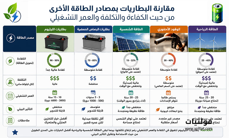 مقارنة البطاريات بمصادر الطاقة الأخرى