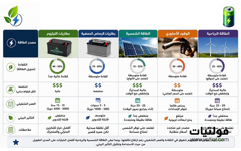 مميزات وعيوب البطاريات ومقارنة شاملة مع مصادر الطاقة الأخرى
