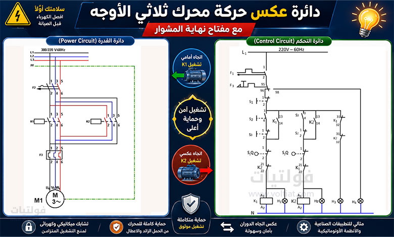 دائرة عكس حركة محرك ثلاثي الأوجه مع مفتاح نهاية المشوار