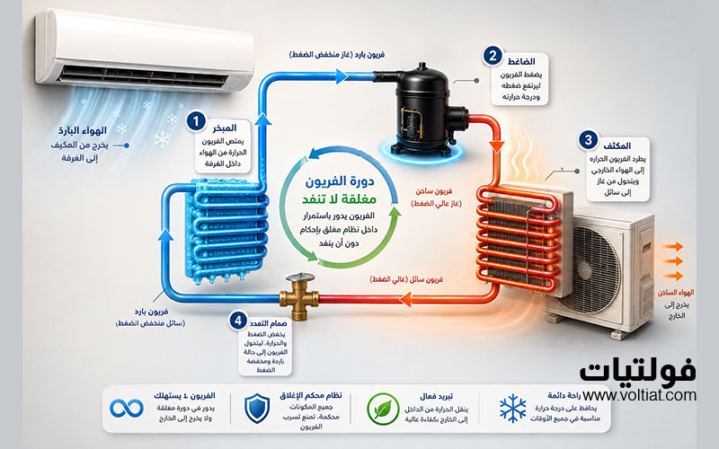 مخطط يوضح دورة التبريد في المكيف وانتقال الفريون بين الضاغط والمكثف وصمام التمدد والمبخر