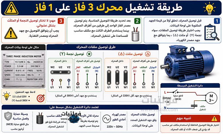طريقة تشغيل محرك 3 فاز على 1 فاز