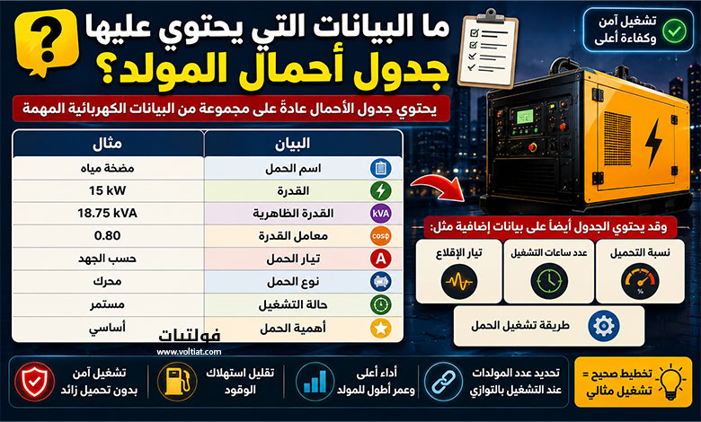 ما البيانات التي يحتوي عليها جدول أحمال المولد؟