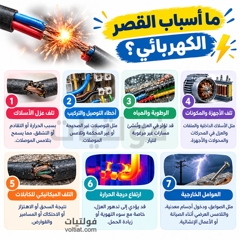 أسباب القصر الكهربائي أو تيار القصر الكهربائي