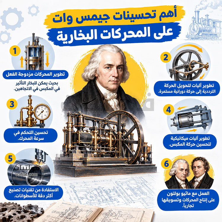 أهم تحسينات جيمس وات على المحرك البخاري