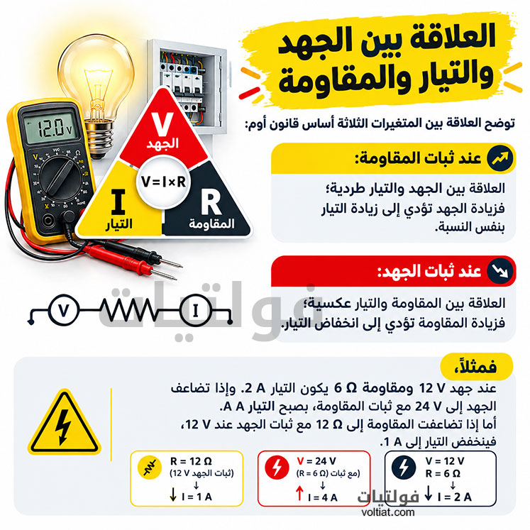 العلاقة بين الجهد والتيار والمقاومة