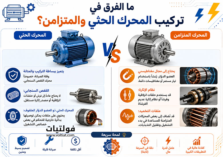 الفرق في تركيب المحرك الحثي والمتزامن