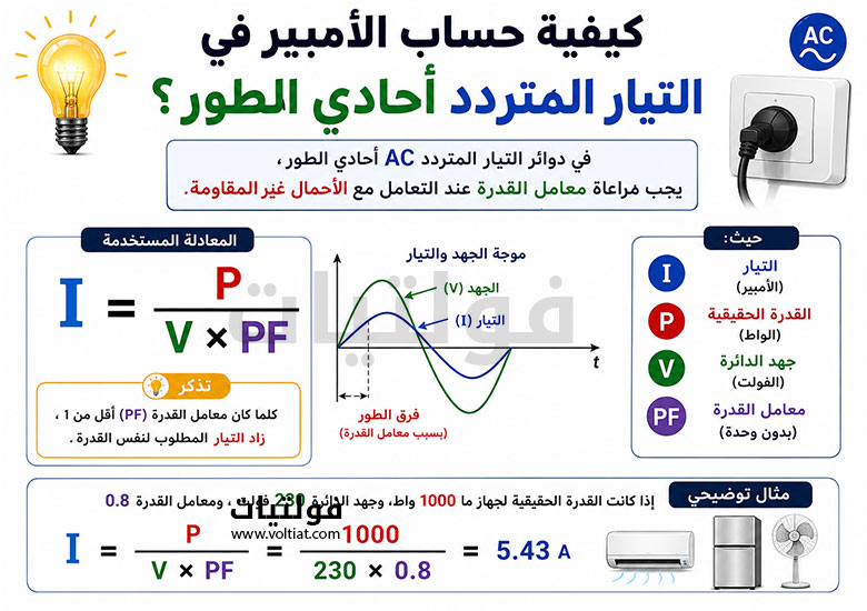 حساب الأمبير في التيار المتردد أحادي الطور