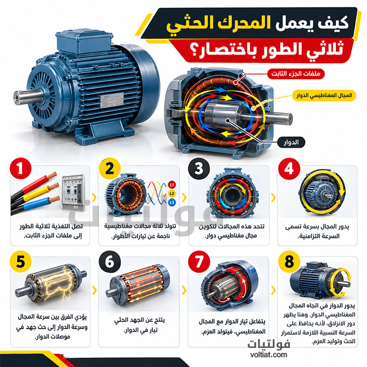 خطوات عمل المحرك الكهربائي 3 فازا