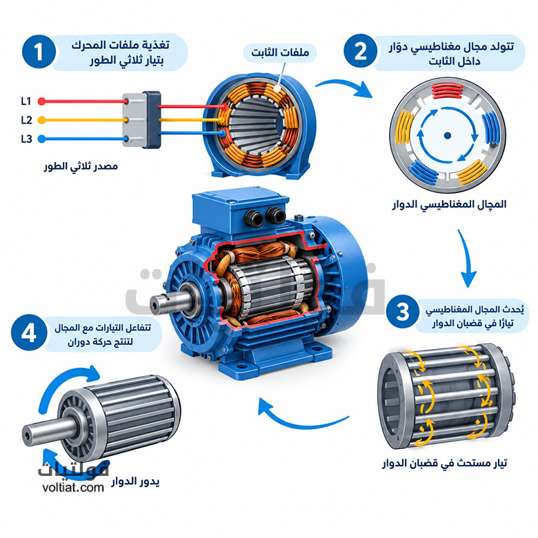مبدأ عمل المحرك الحثي ثلاثي الطور