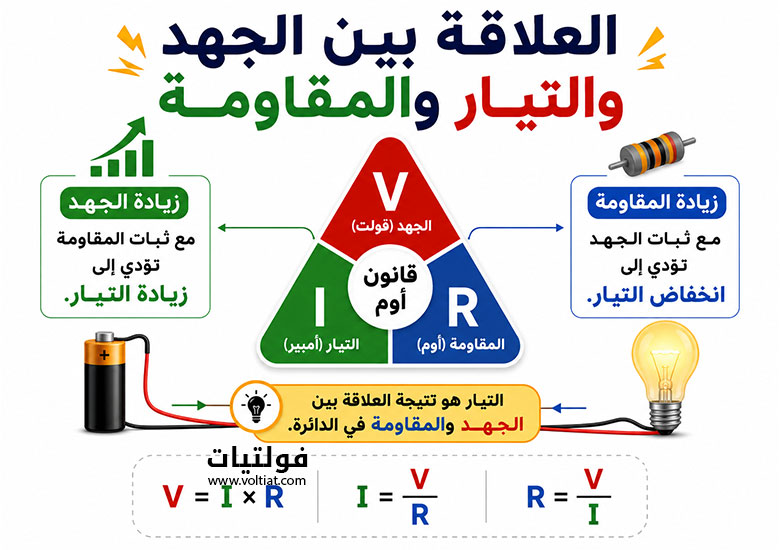 مثلث قانون أوم يوضح العلاقة بين الجهد والتيار والمقاومة