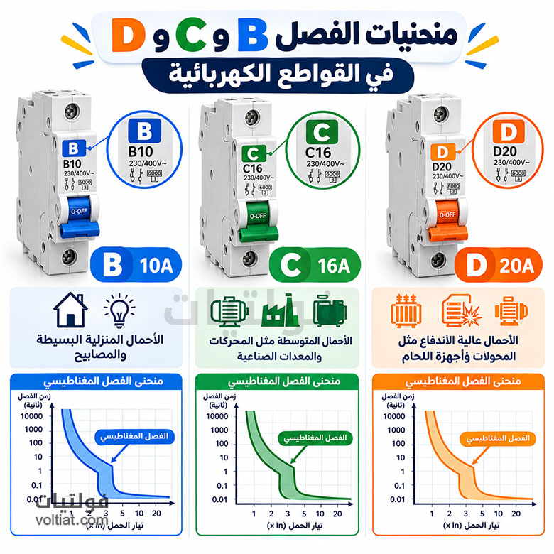 منحنيات الفصل B وC وD في قواطع MCB، والفرق بينها، واستخدامات كل منحنى
