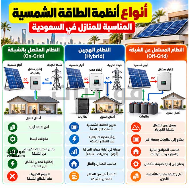 أنواع أنظمة الطاقة الشمسية المناسبة للمنازل
