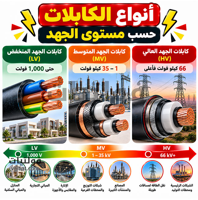 أنواع الكابلات حسب مستوى الجهد