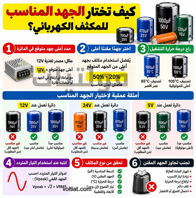 اختيار قيمة جهد المكثف الكهربائي المناسب