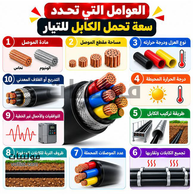 العوامل التي تحدد سعة تحمل الكابل للتيار