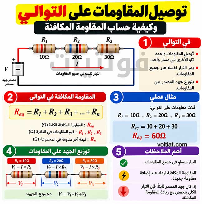 حساب المقاومة المكافئة في دوائر التوالي