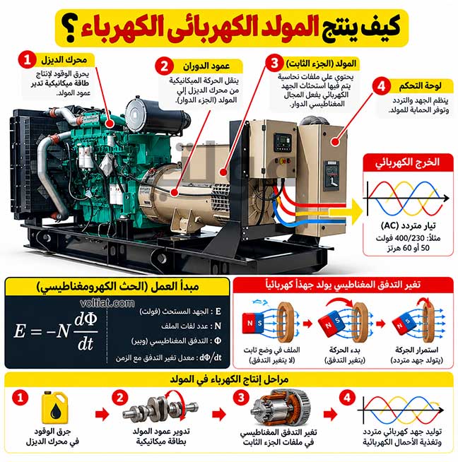 كيف ينتج المولد الكهرباء