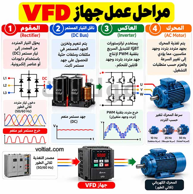 مراحل عمل جهاز VFD من الداخل