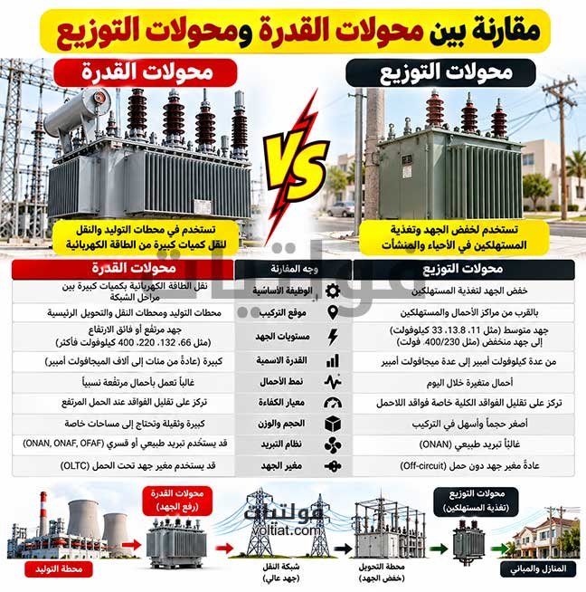 مقارنة بين محولات القدرة ومحولات التوزيع